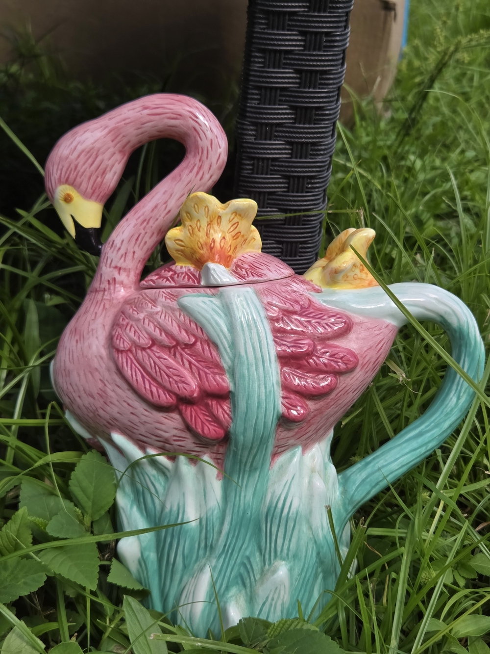 Lotus 1997 Pink Flamingo Ceramic Teapot with Green Color
